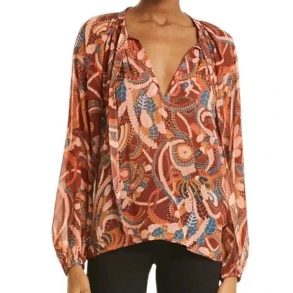 ALC Women's Silk Blouse Brown Pink Botanical Silk Tie Neck Long Sleeve Sz 8